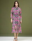 Violet Floral Printed Shirt Midi Dress