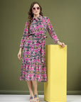 Violet Floral Printed Shirt Midi Dress