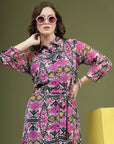 Violet Floral Printed Shirt Midi Dress