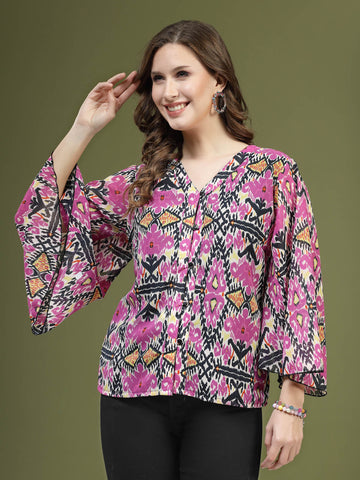 Violet  Black Ethnic Motifs Printed Shirt Style Top