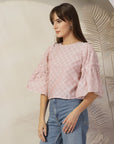 Checked Bell Sleeve Cotton Top