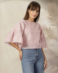 Checked Bell Sleeve Cotton Top