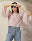 Checked Bell Sleeve Cotton Top