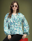 Green  White Floral Printed Shirt Style Top