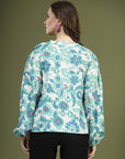 Green  White Floral Printed Shirt Style Top