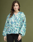 Green  White Floral Printed Shirt Style Top