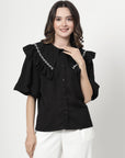 Embellished Peter Pan Collar Flared Sleeves Top