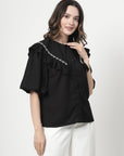 Embellished Peter Pan Collar Flared Sleeves Top