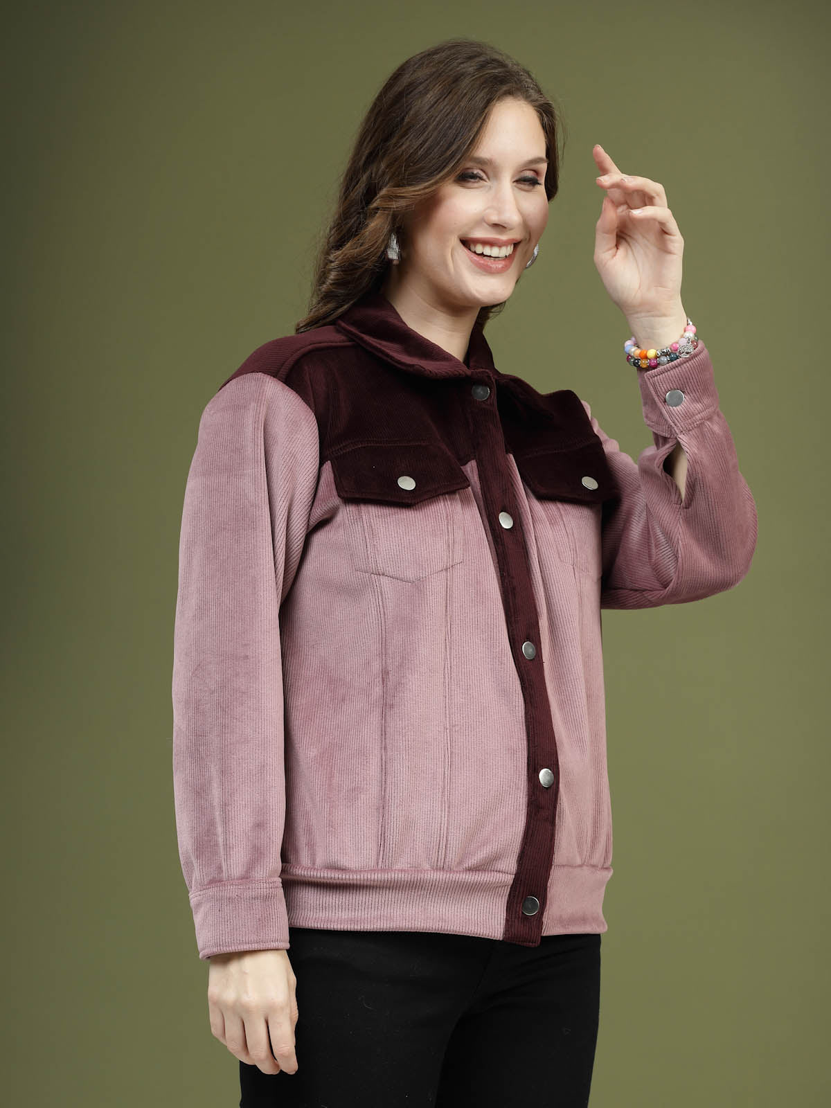 Solid Pink Self Design Spread Collar Bomber Jacket