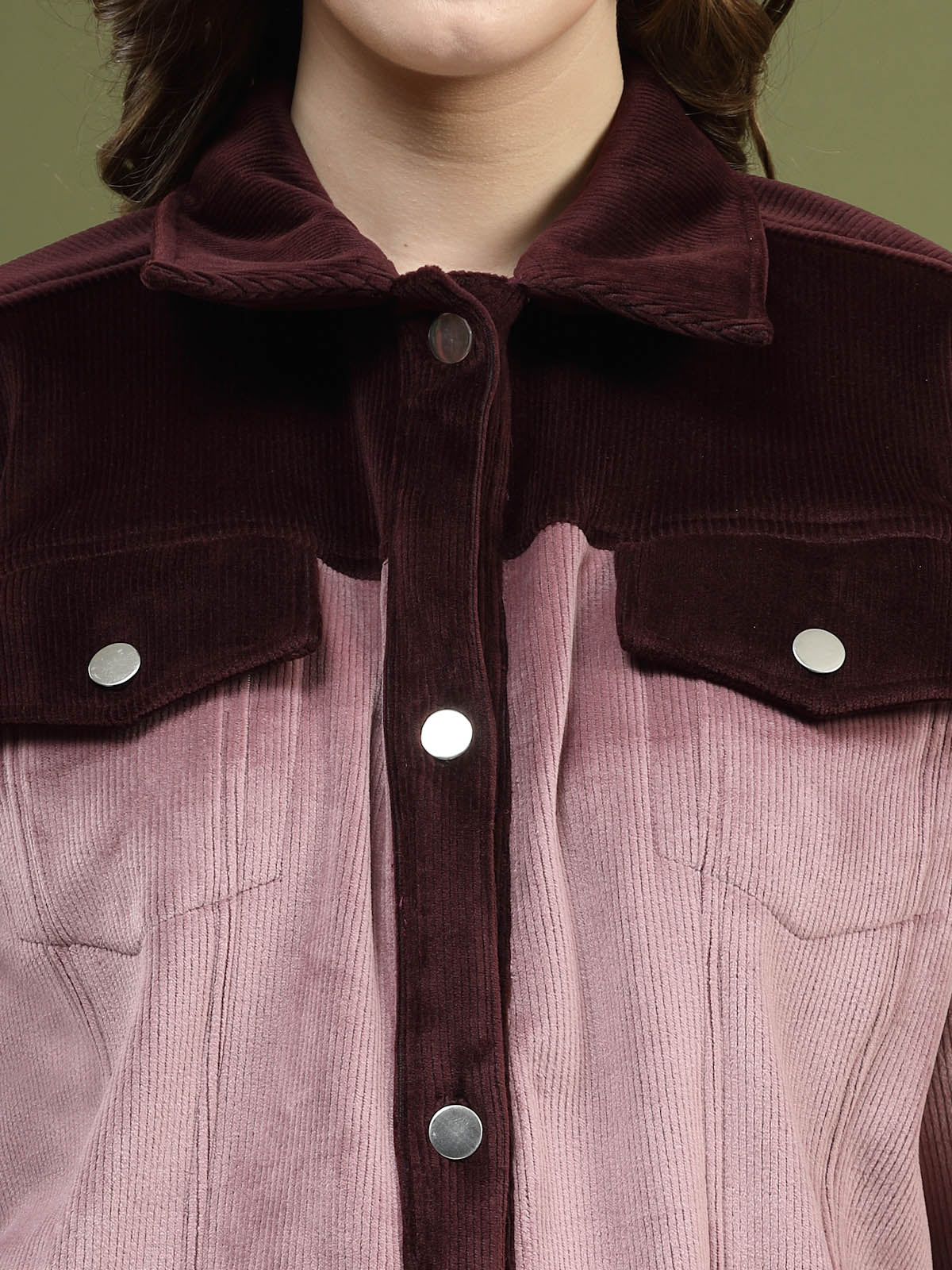 Solid Pink Self Design Spread Collar Bomber Jacket