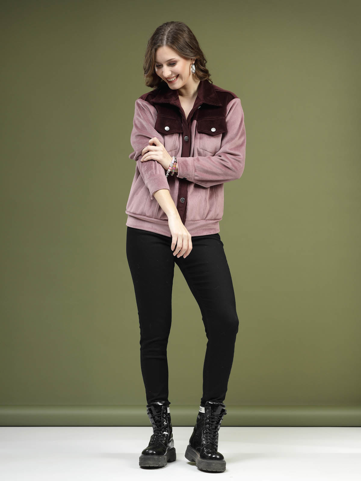 Solid Pink Self Design Spread Collar Bomber Jacket