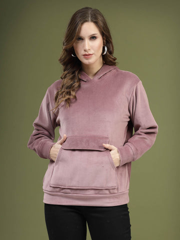 Pink Solid Hooded Long Sleeves Pullover Sweatshirt