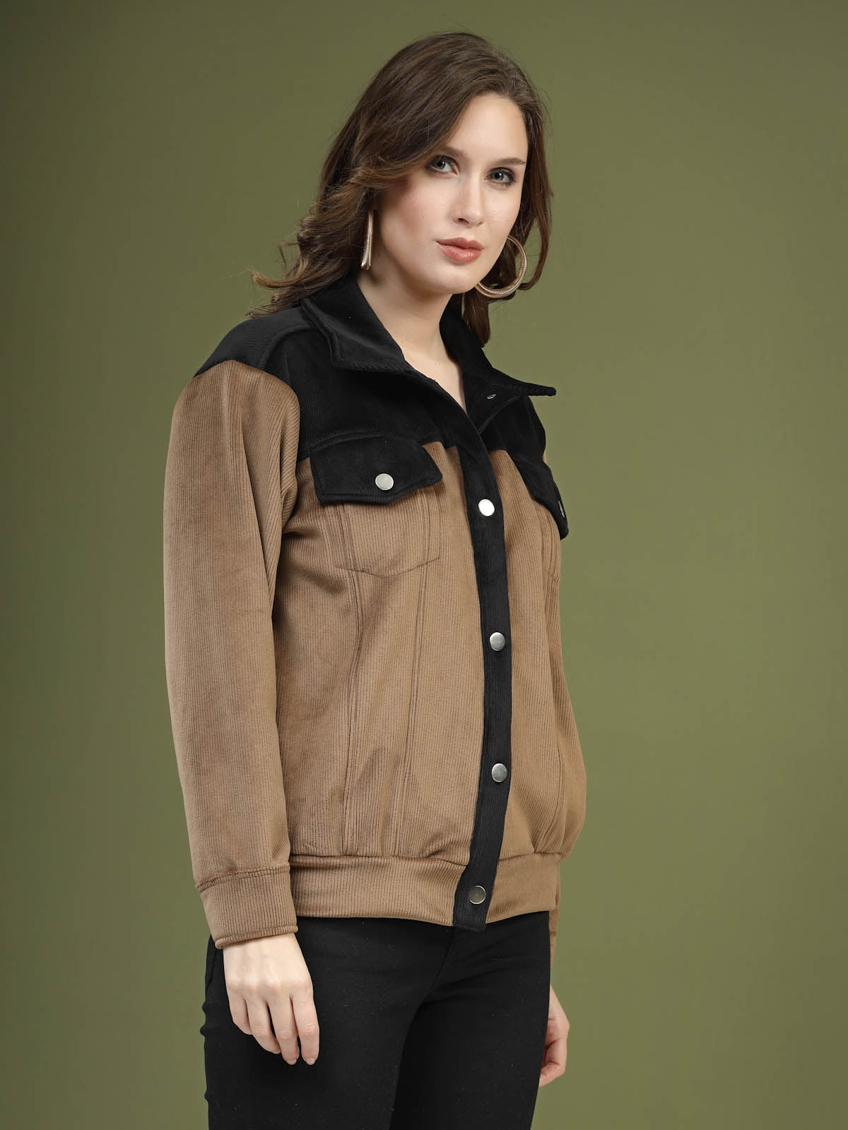 Solid Brown Self Design Spread Collar Bomber Jacket