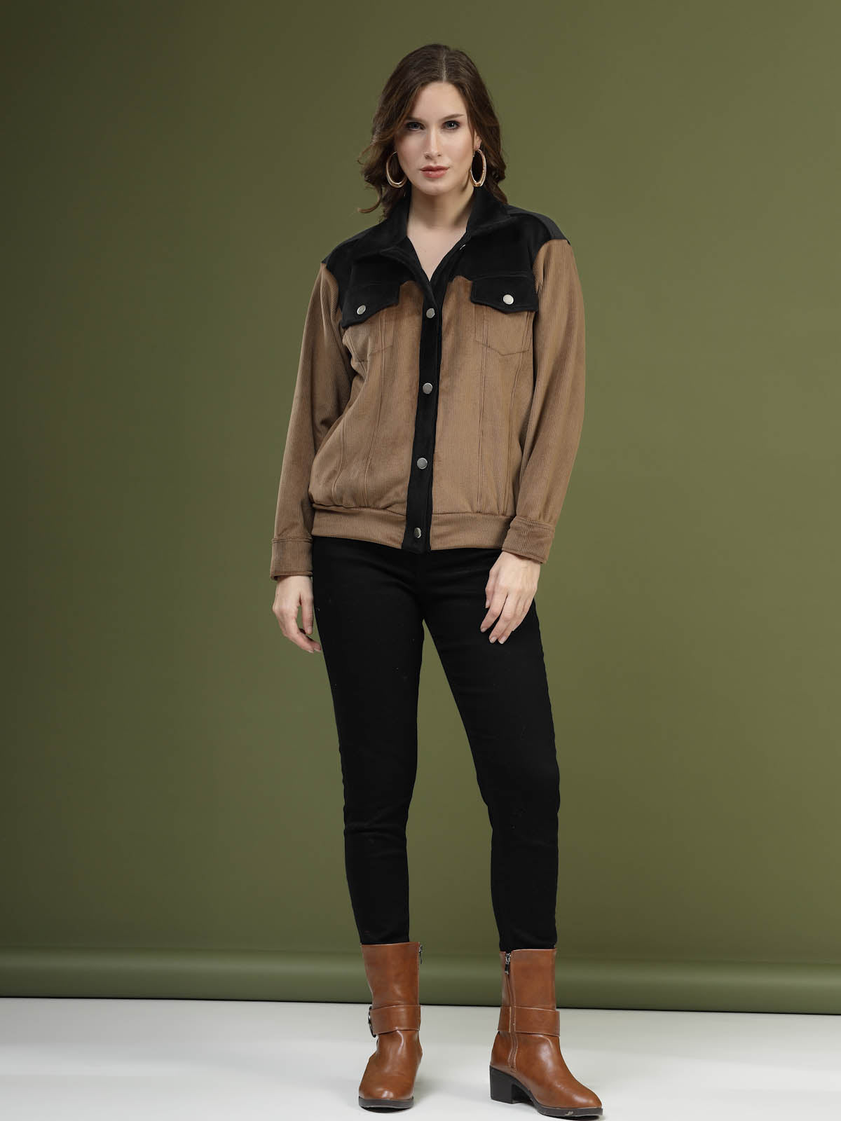 Solid Brown Self Design Spread Collar Bomber Jacket