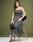 Black Abstract Printed Shoulder Straps Smocked Fit and Flare Midi Dress
