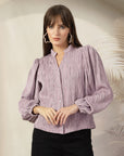 Striped Mandarin Collar Shirt Style Polyester Top