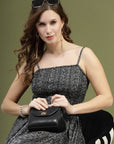 Black Abstract Printed Shoulder Straps Smocked Fit and Flare Midi Dress