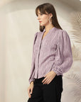 Striped Mandarin Collar Shirt Style Polyester Top