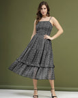 Black Abstract Printed Shoulder Straps Smocked Fit and Flare Midi Dress