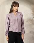 Striped Mandarin Collar Shirt Style Polyester Top