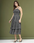Black Abstract Printed Shoulder Straps Smocked Fit and Flare Midi Dress