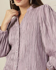 Striped Mandarin Collar Shirt Style Polyester Top