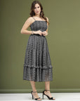 Black Abstract Printed Shoulder Straps Smocked Fit and Flare Midi Dress