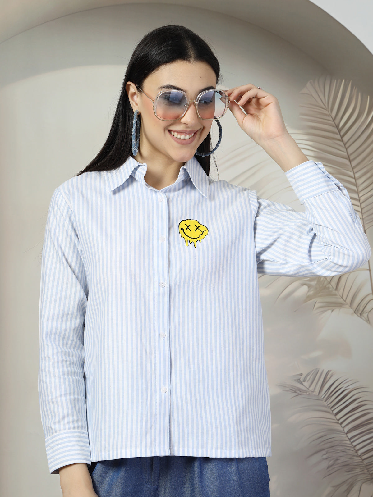 Women Blue White Opaque Striped Casual Shirt