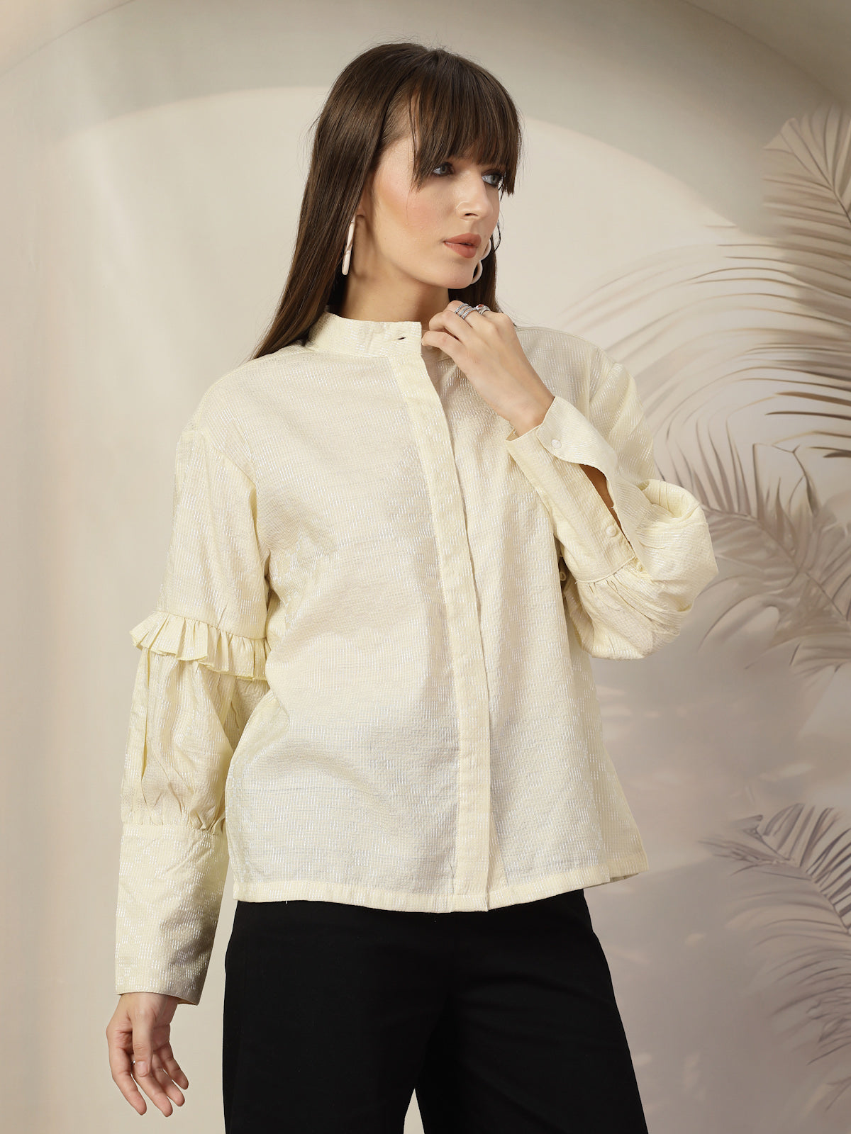 Mandarin Collar Cotton Shirt Style Top