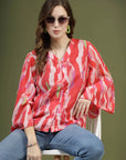 Pink Printed V-Neck Flared Sleeves Top