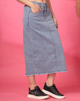 Women Denim Straight A-Line Midi Skirt