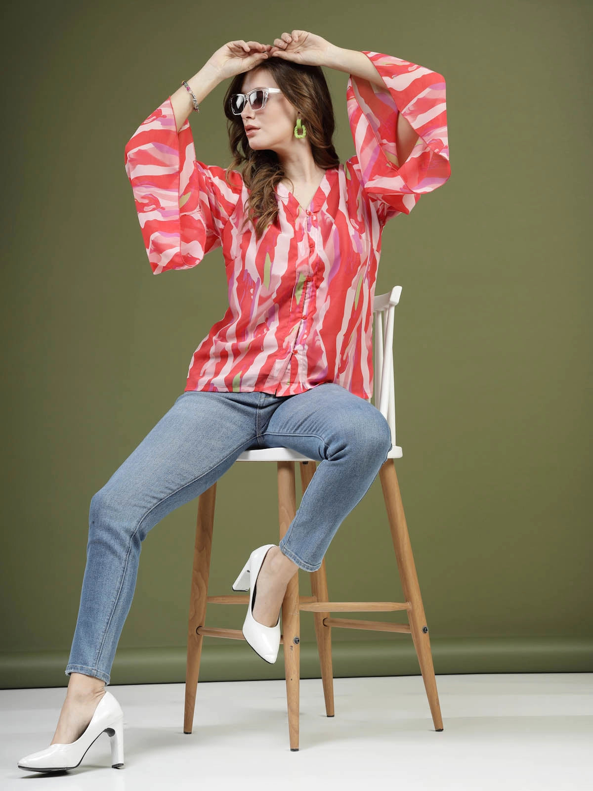 Pink Printed V-Neck Flared Sleeves Top