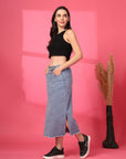 Women Denim Straight A-Line Midi Skirt