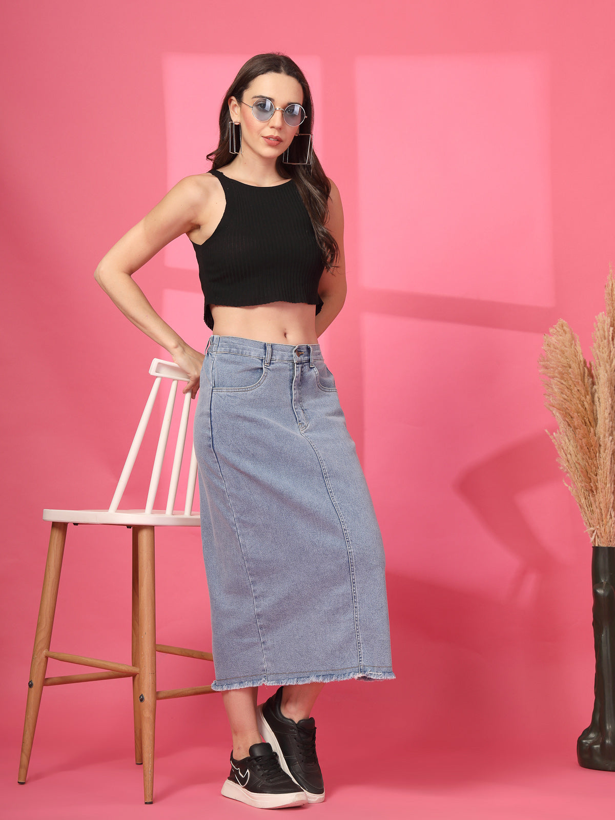 Women Denim Straight A-Line Midi Skirt