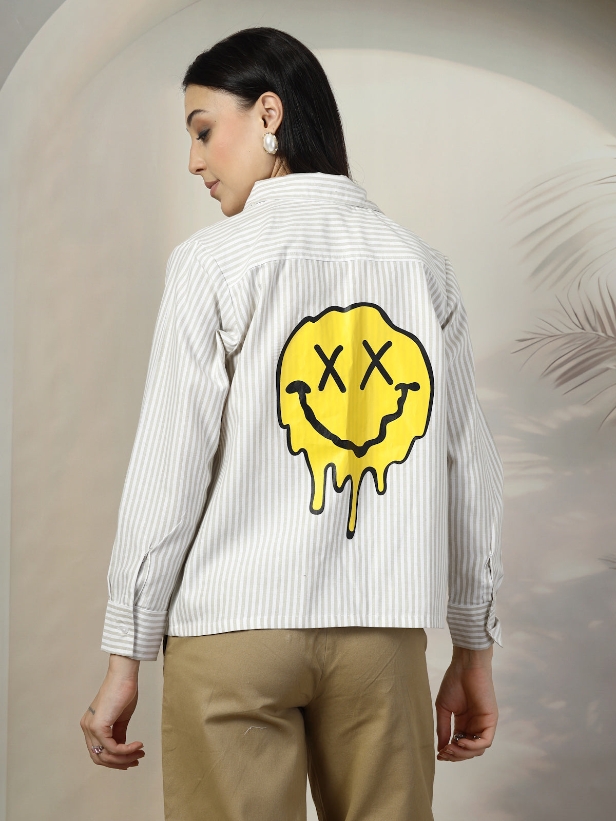 Women Beige White Opaque Striped Casual Shirt
