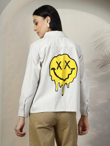 Women Beige White Opaque Striped Casual Shirt