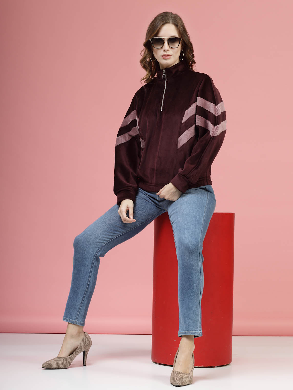 Maroon Mock Collar Long Sleeves Pullover Sweatshirt