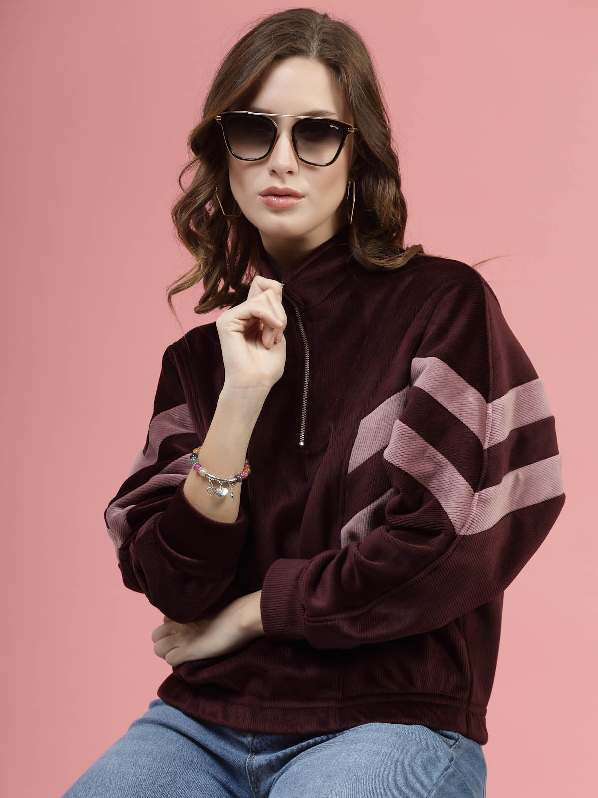 Maroon Mock Collar Long Sleeves Pullover Sweatshirt