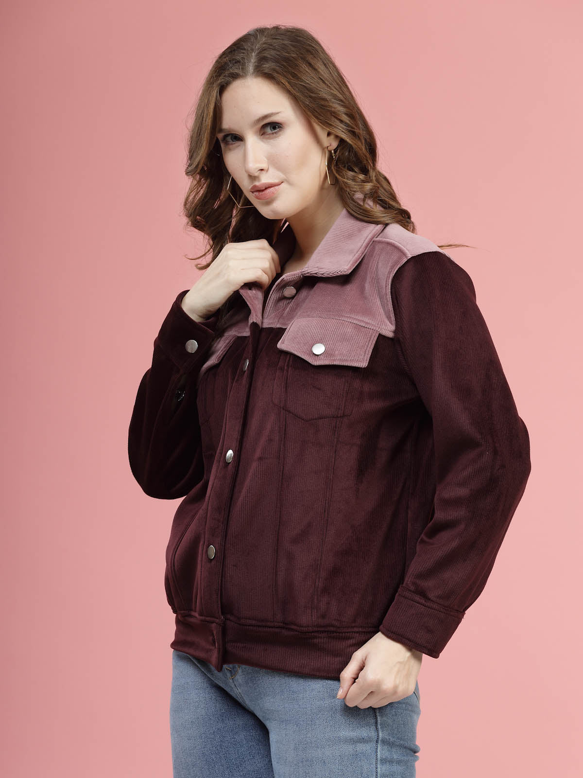 Maroon Self Design Spread Collar Bomber Jacket