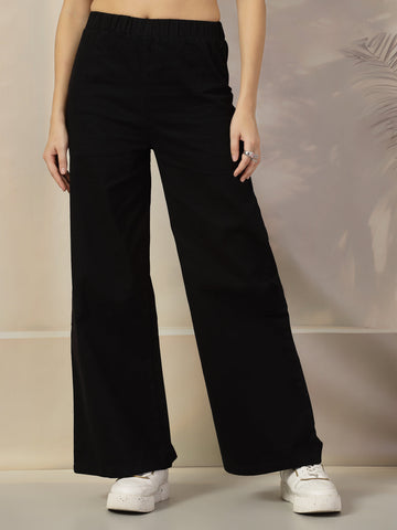 Women Loose Fit High Rise Cotton Trousers