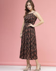 Brown Ethnic Motifs Printed Smocked Tiered A-Line Dress