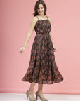 Brown Ethnic Motifs Printed Smocked Tiered A-Line Dress