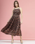 Brown Ethnic Motifs Printed Smocked Tiered A-Line Dress