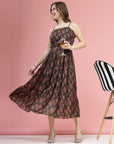 Brown Ethnic Motifs Printed Smocked Tiered A-Line Dress