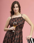 Brown Ethnic Motifs Printed Smocked Tiered A-Line Dress