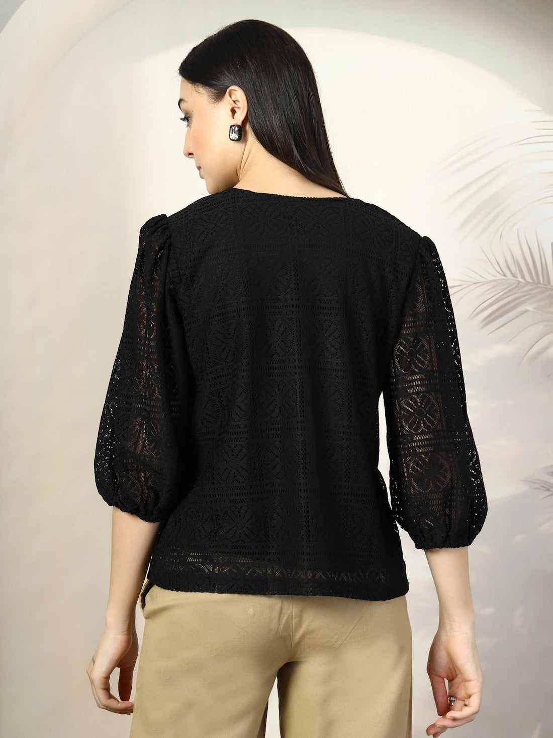 Women Black Solid Round Neck 3/4th Sleeve Cotton Top