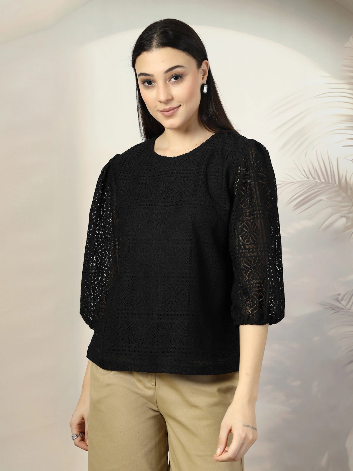 Women Black Solid Round Neck 3/4th Sleeve Cotton Top