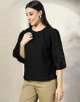 Women Black Solid Round Neck 3/4th Sleeve Cotton Top