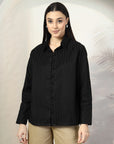 Women Black Opaque Cotton Casual Buttoned Top