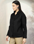 Women Black Opaque Cotton Casual Buttoned Top
